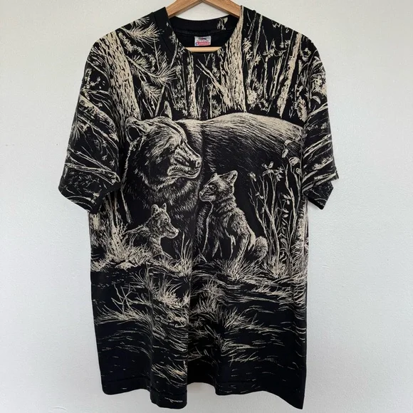Vintage 90s Bears T-Shirt Mens XL Cub Animals Nature Single Stitch USA AOP Tee - Picture 1 of 15